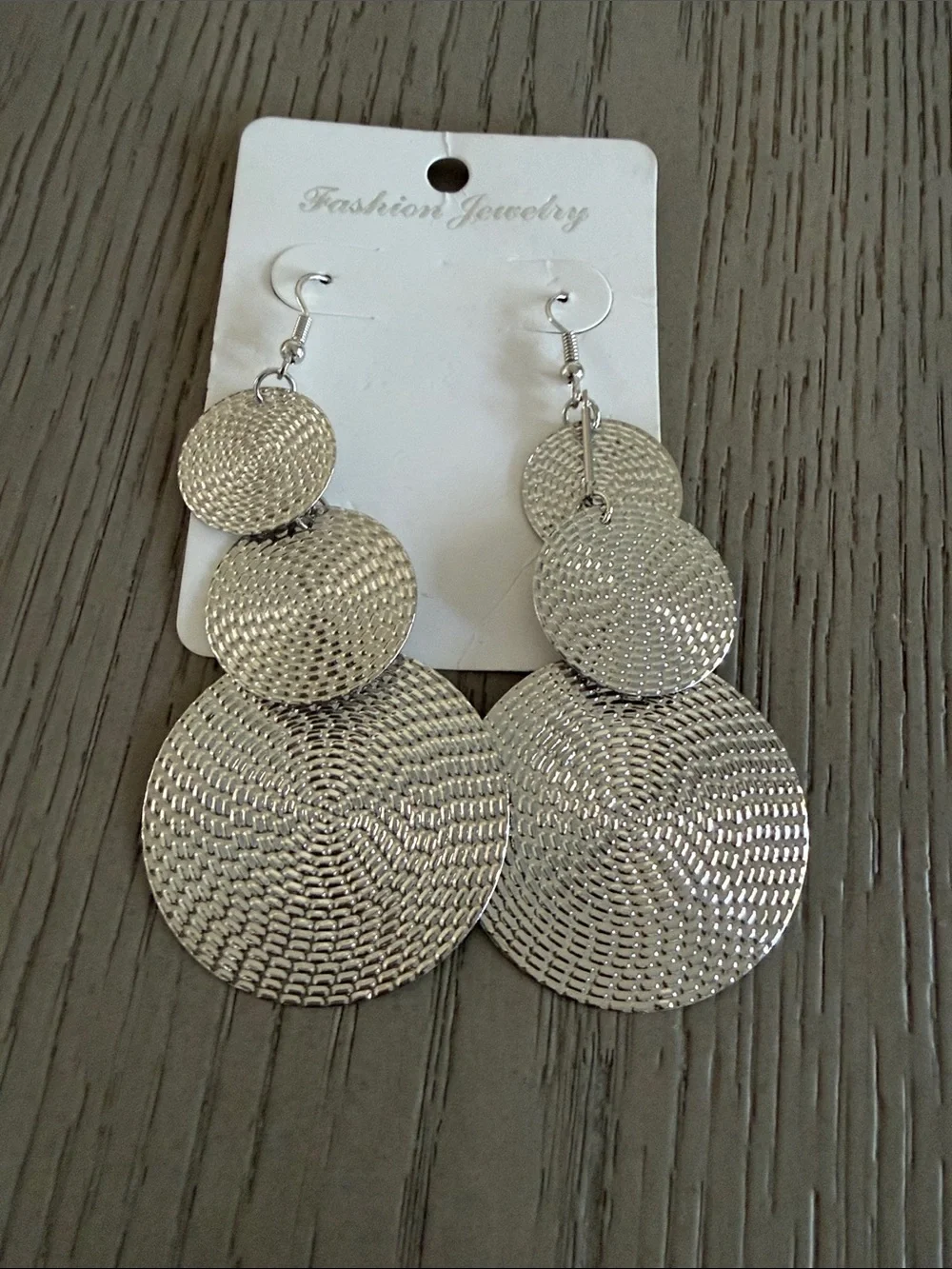 Fashion Jewelry Silver Textured Layered Disc Drop Earrings - Picture 3 of 3